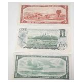 3) Canadian notes: 1) 2 dollar bill series 1954, 1 dollar bill series 1954 and series 1973