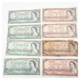 8) Canadian notes, series 1954: 4) 2 dollar bills, 4) 1 dollar bills