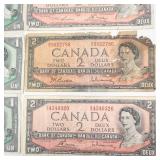 8) Canadian notes, series 1954: 4) 2 dollar bills, 4) 1 dollar bills