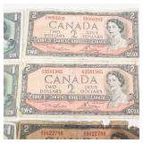 8) Canadian notes, series 1954: 4) 2 dollar bills, 4) 1 dollar bills