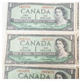 8) Canadian notes, series 1954: 4) 2 dollar bills, 4) 1 dollar bills