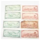 8) Canadian notes, series 1954: 4) 2 dollar bills, 4) 1 dollar bills
