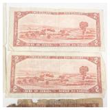 8) Canadian notes, series 1954: 4) 2 dollar bills, 4) 1 dollar bills