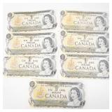 7) Canadian notes, series 1973: 1 dollar bills