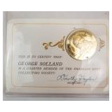 1972 gold plated sterling silver  Charter Member of the Franklin Mint Collectors Society