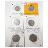 1 assortment of 6 different early nickels:  2) liberty,  3) buffalo plus 1939 Jefferson