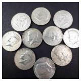 10) 40% silver Kennedy half dollars, Approx. 1.48 oz
