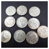 10) 40% silver Kennedy half dollars, Approx. 1.48 oz