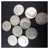 10) 40% silver Kennedy half dollars, Approx. 1.48 oz