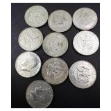 10) 40% silver Kennedy half dollars, Approx. 1.48 oz