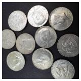 10) 40% silver Kennedy half dollars, Approx. 1.48 oz
