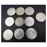 10) 40% silver Kennedy half dollars, Approx. 1.48 oz