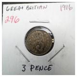1916 Great Britain 3 Pence silver