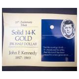 20th Anniversary JFK half dollar tribute 14KT gold miniature, .0049 oz of .999 gold