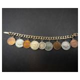 US coin charm bracelet with 1954 silver dime and 1944 silver war nickel, wheat cents
