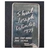 1973 Shirl Joseph Winter Abundance 1 Oz .999 Silver Bar in Case