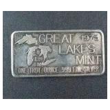 1973 Great Lakes Mint 1 Troy Oz .999 Fine Silver Bar "1973 Good Luck"
