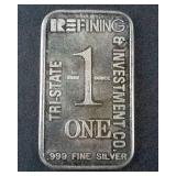 Vintage Try-State Refining & Investment Co. 1 Troy Oz .999 Fine Silver Bar