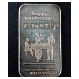 1987 National Mint Happy Anniversary Silver Art Bar