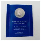 Republic of Panama 1970 sterling silver proof 5 Balboas.  1.06 oz total silver weight