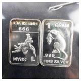 (5) 1 Grams .999 Fine Silver Art Bars -Horse, Panda, Lion, Rat, Dinosaur-