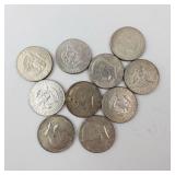 10) 40% silver Kennedy half dollars, Approx. 1.48 oz