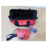 (2) Milwaukee - M12 2.0 ah 1.5 ah Batteries w/ Carrying Bag and Charger