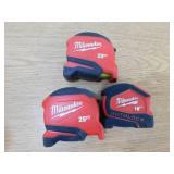 (3) Milwaukee 25 ft., 25 ft., 16 ft. Compact Tape Measures with Fractional Scale