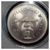 1980 Mexican Onza Silver Coin Encaps, Very Nice