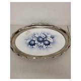 Oval Porcelain Serving Tray with Silver Tone Edge and Blue Fruit Design