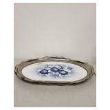Oval Porcelain Serving Tray with Silver Tone Edge and Blue Fruit Design