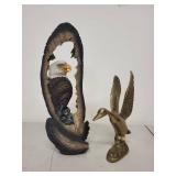 Bald Eagle Feather Sculpture and Brass Flying Duck Figurine
