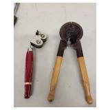 Vintage Kitchen Utensil Lot with Knife, Can Opener, Nutcracker, and Knife Sharpener