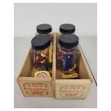 Set of 4 Jars with Ridge Runner Miniature Knives and Keychains in Wooden Cheese Crates