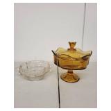 Amber Glass Compote with Lid and Clear Glass Candy Dish