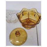 Amber Glass Compote with Lid and Clear Glass Candy Dish
