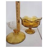 Amber Glass Compote with Lid and Clear Glass Candy Dish