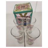 Set of 4 St. Louis Lager Beer Glasses with Decorative Tin