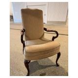 Vintage Queen Anne Style Parlor Armchair - Carved Walnut Wood, Beige Upholstery, 42 in H x 24 in W - See lot 5H for matching chair