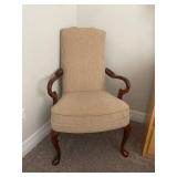Vintage Queen Anne Style Parlor Armchair - Carved Walnut Wood, Beige Upholstery, 42 in H x 24 in W - See lot 5H for matching chair