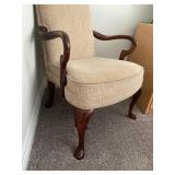 Vintage Queen Anne Style Parlor Armchair - Carved Walnut Wood, Beige Upholstery, 42 in H x 24 in W - See lot 5H for matching chair