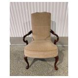 Vintage Queen Anne Style Parlor Armchair - Carved Walnut Wood, Beige Upholstery, 42 in H x 24 in W - See Lot 2H for Matching Chair