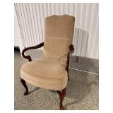Vintage Queen Anne Style Parlor Armchair - Carved Walnut Wood, Beige Upholstery, 42 in H x 24 in W - See Lot 2H for Matching Chair