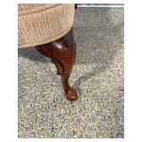 Vintage Queen Anne Style Parlor Armchair - Carved Walnut Wood, Beige Upholstery, 42 in H x 24 in W - See Lot 2H for Matching Chair