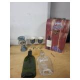 Wine Glassware and Decor Collection with Vintage Goblets, Glass Bottles, and Wooden Case