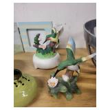 Mixed Home Decor Lot: Metal Fruit Bowl, Hummingbird Figurines, and Pottery Pieces