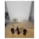 Collection of Vintage Glassware, Cake Stand, Red Goblets, and Princess House Clock