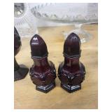 Collection of Vintage Glassware, Cake Stand, Red Goblets, and Princess House Clock