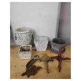 Collection of 3 Decorative Cement Planters with Metal Garden Ornaments
