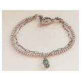Sterling Silver Pearl Bracelet with Green Stone Charm